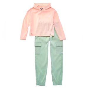 New Balance 2pc Rib Hoodie & Woven Pant Set in quartz pink and mint green 10/12